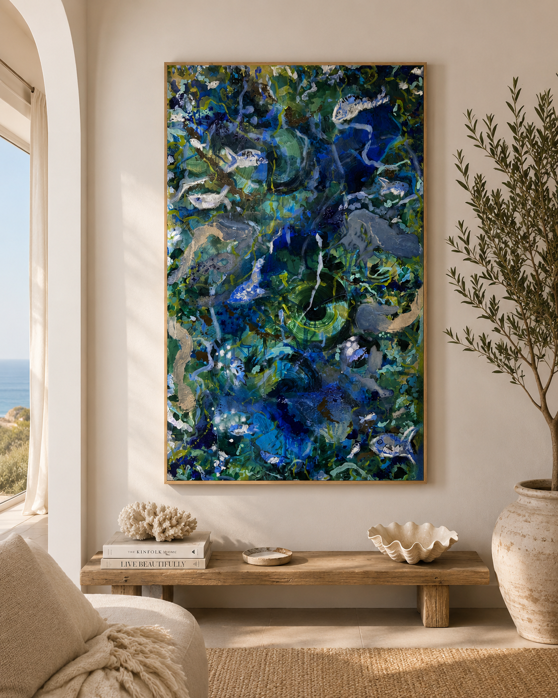 Barcelona Blue original abstract artwork by Georgia Stevens styled in a warm coastal interior