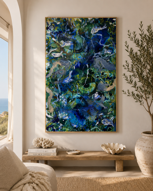 Barcelona Blue original abstract artwork by Georgia Stevens styled in a warm coastal interior