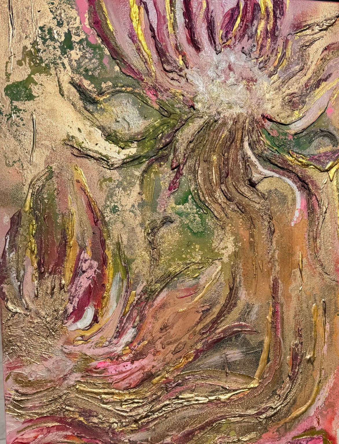 Close-up of pink, green and gold texture in Essence of Protea Flowers