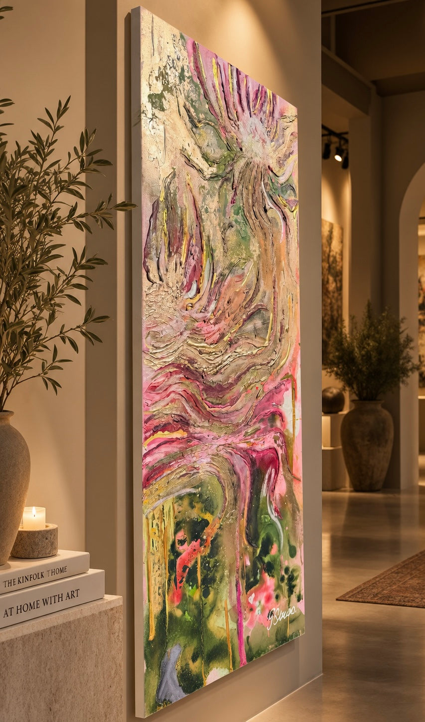 Side view of Essence of Protea Flowers in a styled room