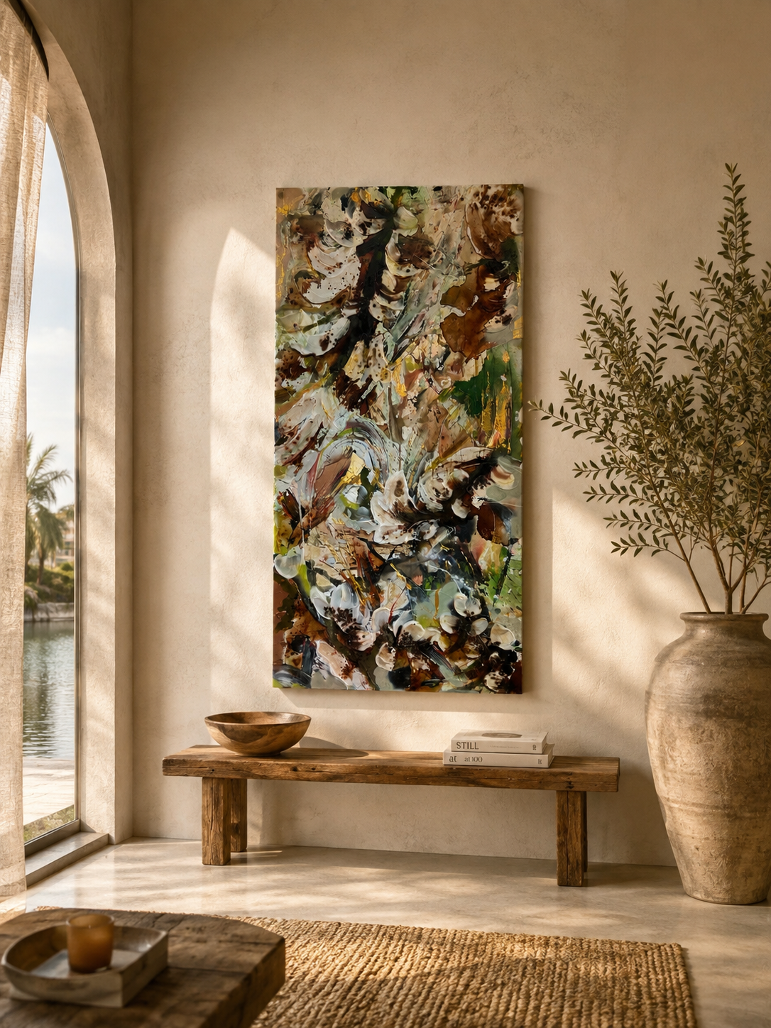 French Vanilla & Birds of Paradise original abstract artwork by Georgia Stevens styled in a warm interior