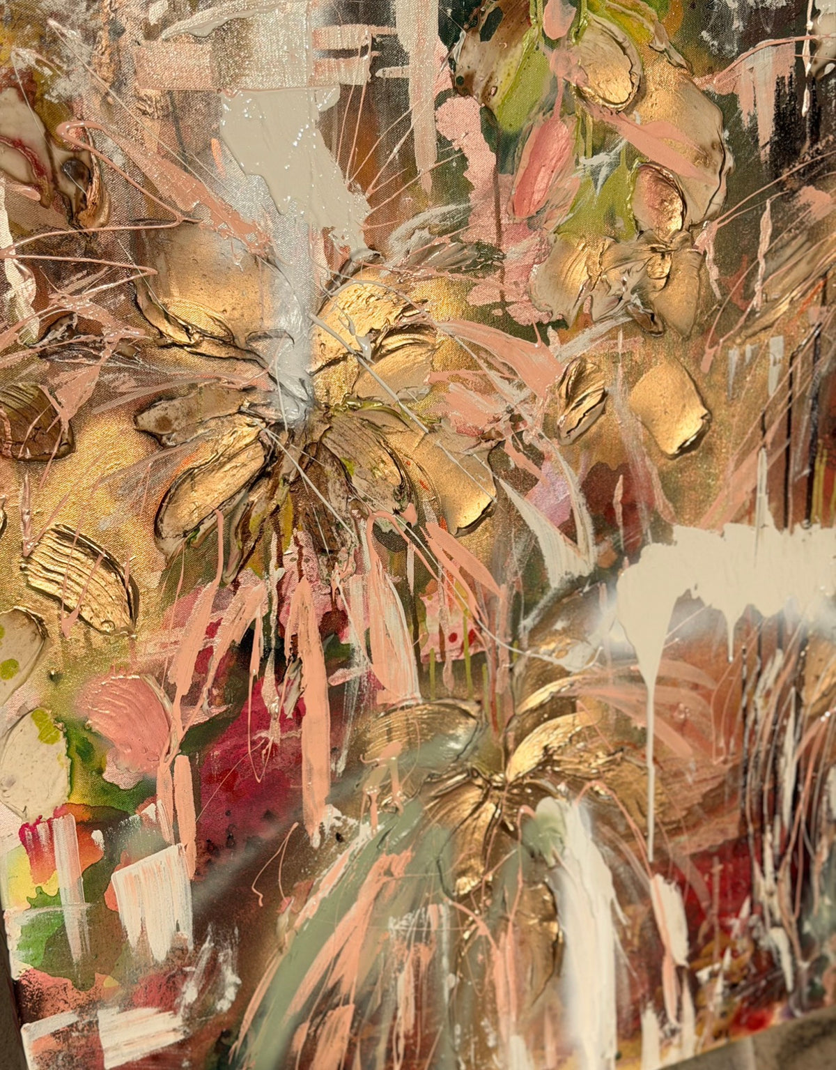 Golden Hour Flowers close-up showing textured gold floral details