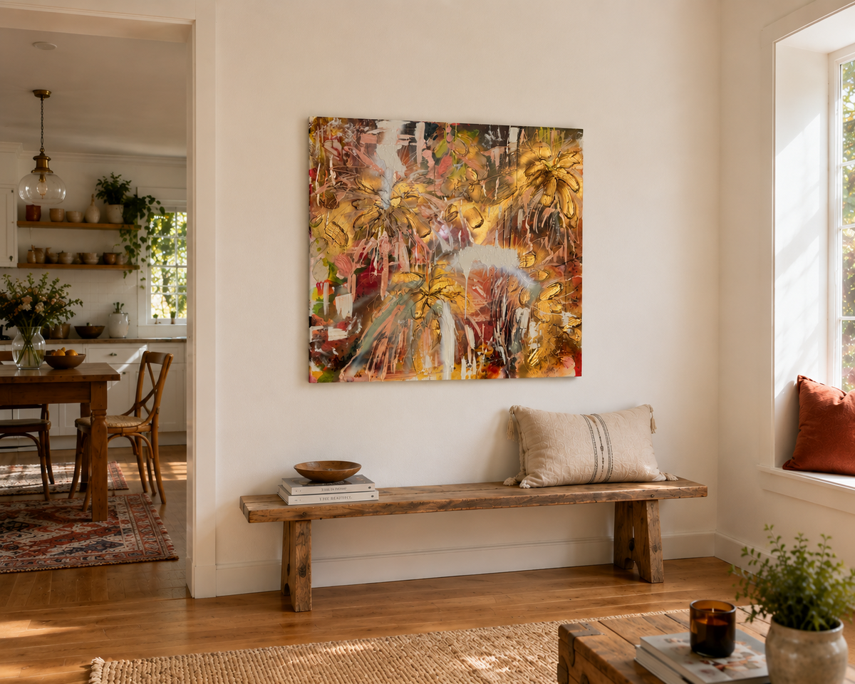 Golden Hour Flowers original abstract floral artwork styled in a warm interior